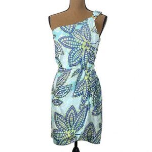 Trina Turk One shoulder Silk and linen cocktail dress